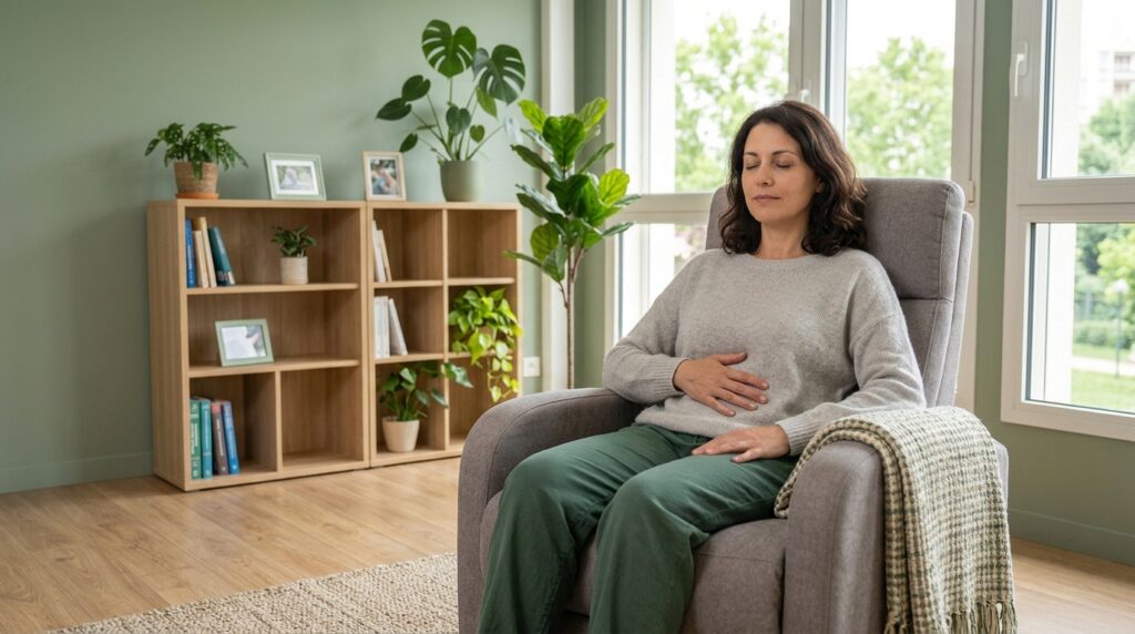Séance d'auto-hypnose : femme détendue pratiquant chez elle